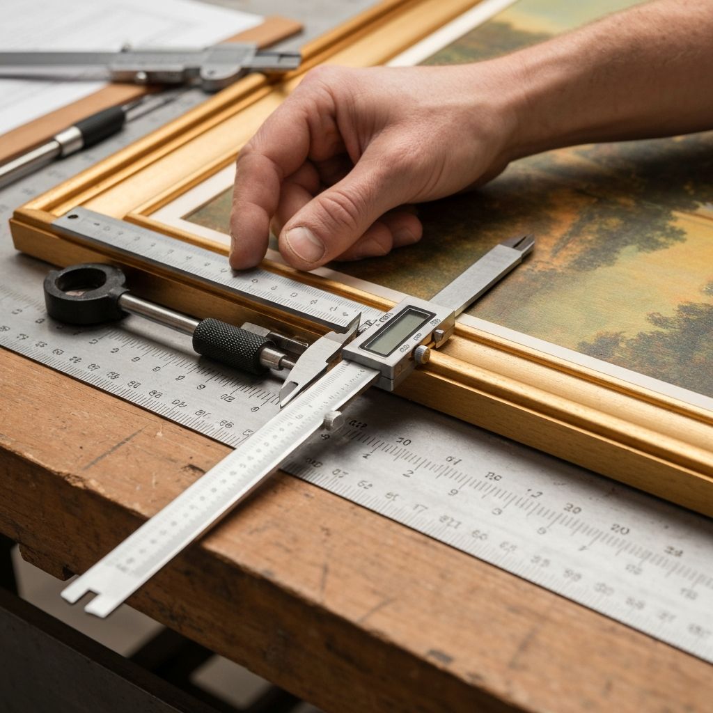 Handwerkliche Messung einer Kunstwerk mit Stahllineal und Messschieber