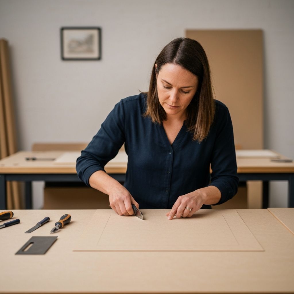 Anna Kraus bei der präzisen Passepartout-Schnittarbeit an ihrem Werkzeug